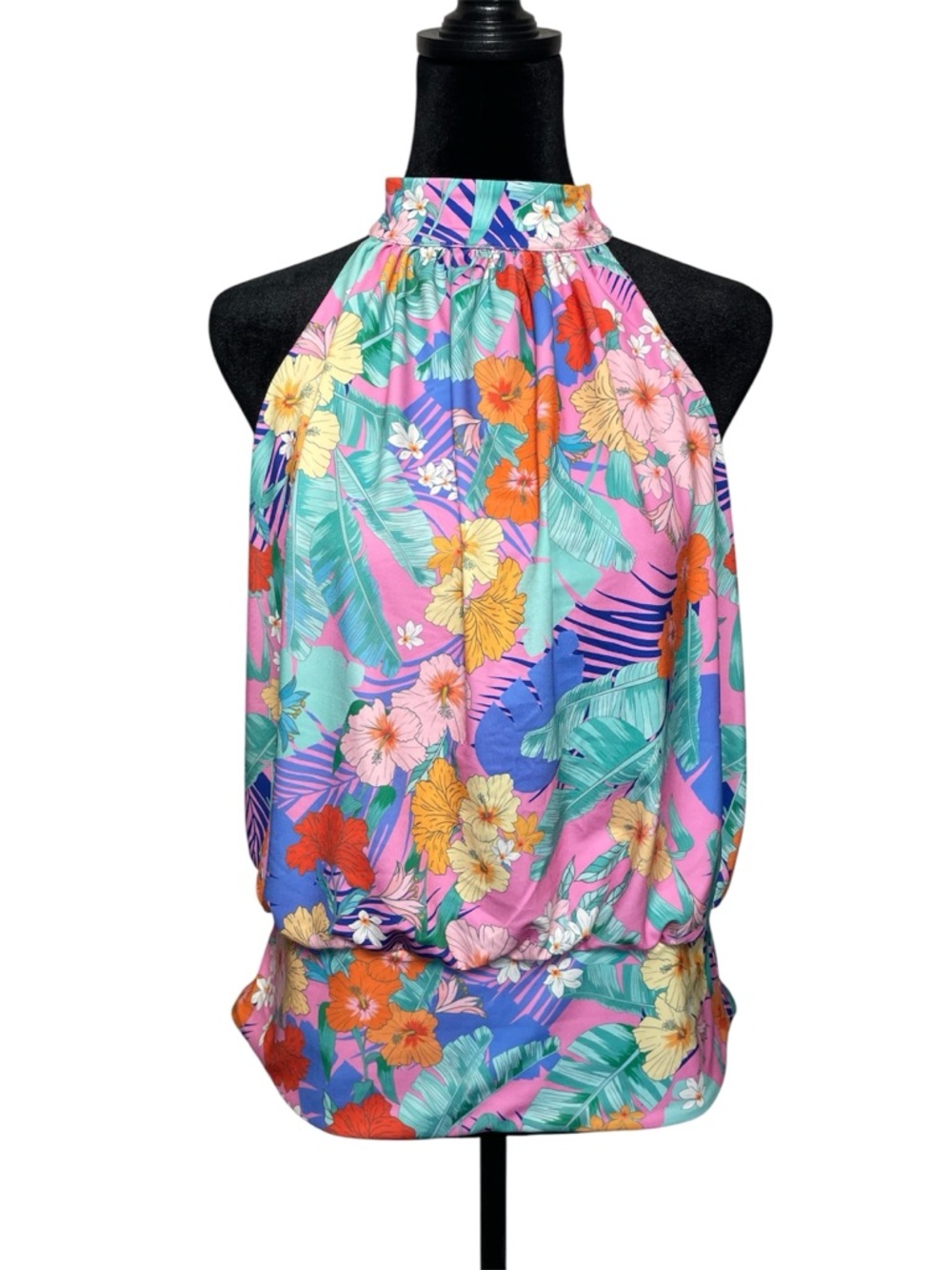 Boston Proper Halter Banded-Bottom Mock-Neck Top Tropical Size Medium